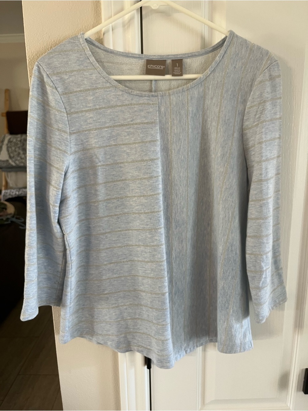 Chico's Pale Blue Striped & Solid Panel Long Sleeve Top